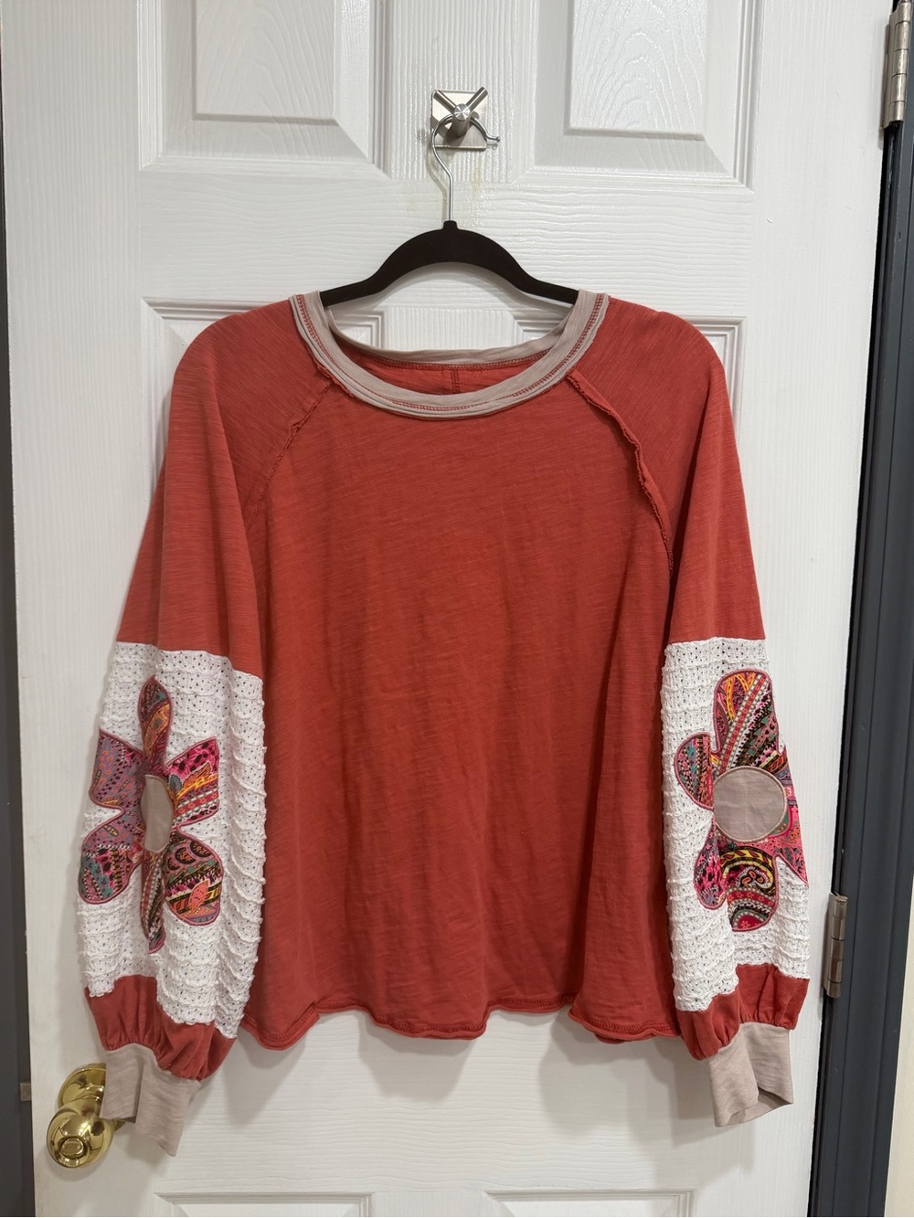 Boho Floral Sleeve Long-Sleeve Top - Rust